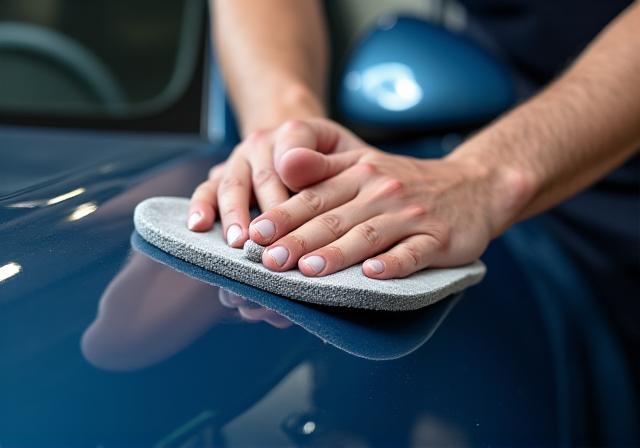 職人の手が車にシーラントを丁寧に塗布する様子